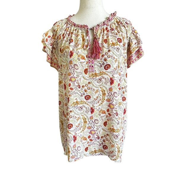 Rose and Olive Multicolor Floral Tie Bow Blouse Women's Top Size Large | 73-43 - Picture 1 of 6
